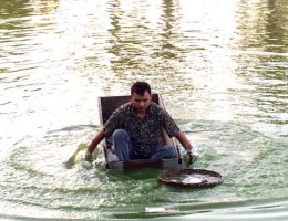 A man cleaning the pond 